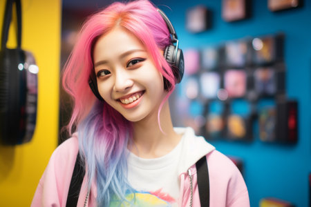 a girl with pink hair wearing headphonesの素材