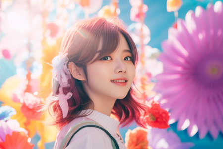 a girl with red hair standing in front of colorful flowersの素材