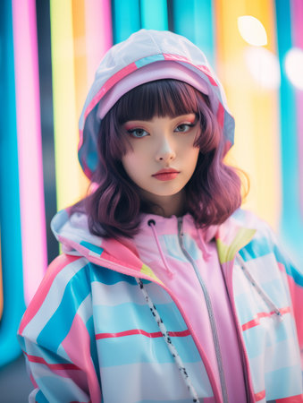 a girl with purple hair and a pink jacket standing in front of neon lightsの素材