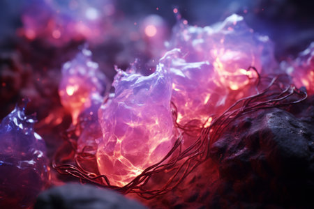 a group of glowing pink and purple crystals on a rockの素材
