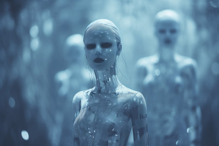 a group of robots in a dark roomの素材