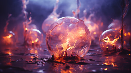 a group of water balloons floating in the water with fire coming out of themの素材