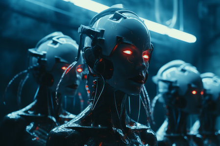 a group of robots standing in a dark roomの素材