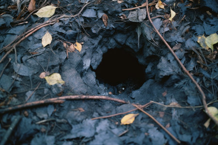 a hole in the ground with leaves and dirtの素材