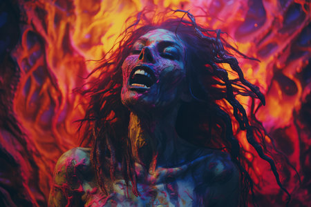a painting of a woman with her mouth open in front of a fiery backgroundの素材