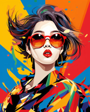 a painting of a woman wearing sunglasses and a colorful shirtの素材