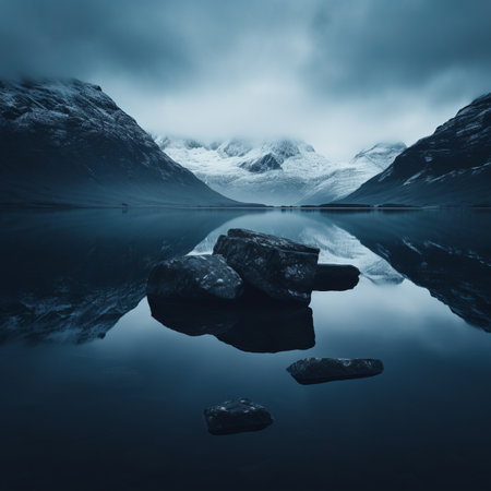 a lake with rocks and mountains in the backgroundの素材