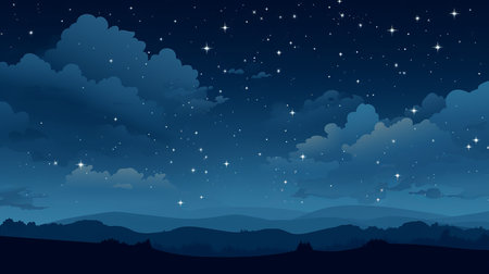 a night sky with stars and clouds over a mountain rangeの素材
