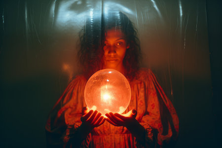 a woman holding a crystal ball in front of herの素材