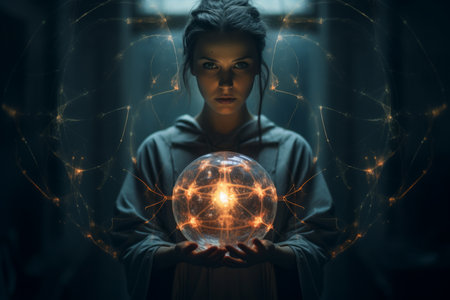 a woman holding a crystal ball in her handsの素材