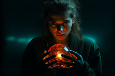 a woman holding a glowing orb in her handsの素材