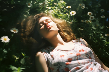 a woman laying down in a field of daisiesの素材