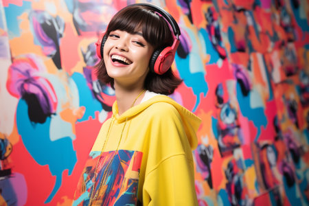 a woman wearing headphones in front of a colorful wallの素材