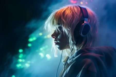 a woman wearing headphones in front of colorful lightsの素材