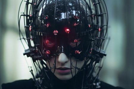 a woman wearing a helmet with glowing red lightsの素材