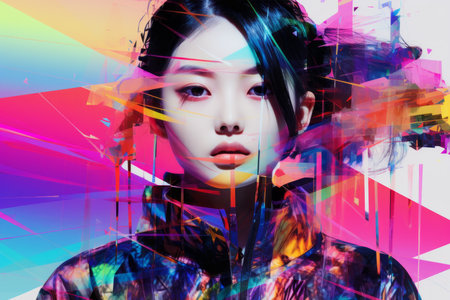a woman with colorful hair and an abstract backgroundの素材