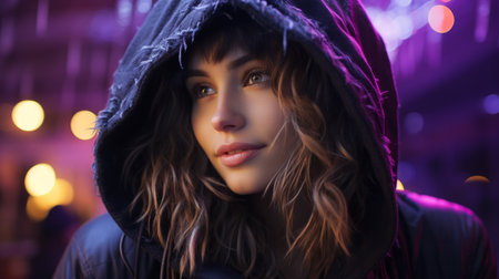 a woman wearing a hoodie in front of purple lightsの素材