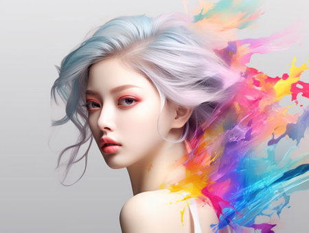 a woman with colorful paint splashes on her hairの素材