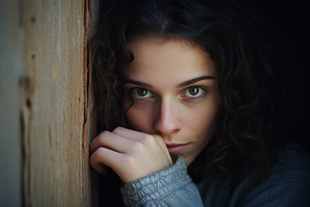 a woman with dark curly hair leaning against a wooden wallの素材