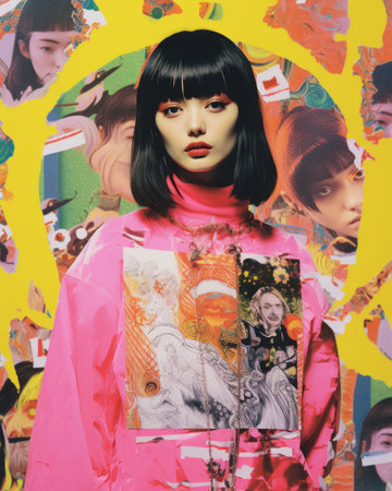 a woman with black hair and a pink shirt standing in front of a colorful wallの素材