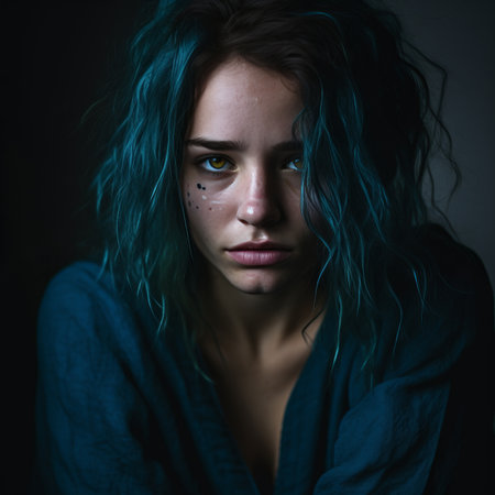 a woman with blue hair and green eyesの素材