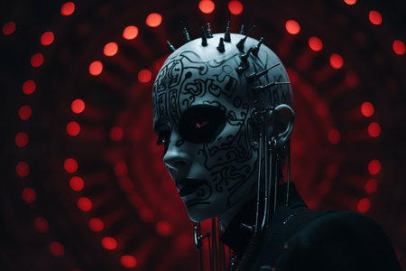 a woman with a headdress and spikes on her face in front of red lightsの素材