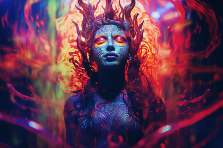 a woman with bright red and blue paint on her faceの素材