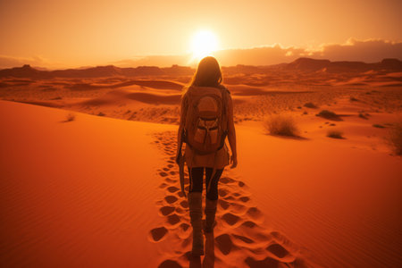 a woman with a backpack walking through the desert at sunsetの素材