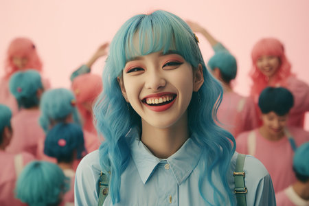 a woman with blue hair smiling in front of a group of peopleの素材