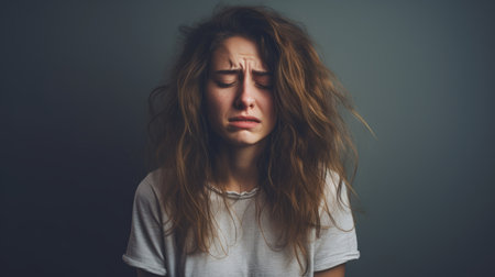 a woman with long hair and a sad expressionの素材