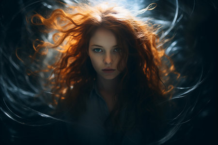 a woman with long red hair in the darkの素材