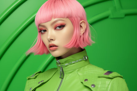 a woman with pink hair and a green jacketの素材