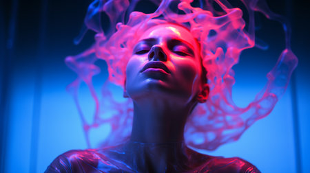 a woman with neon pink smoke coming out of her headの素材