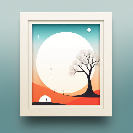 a picture of a tree and a moon in a white frameの素材