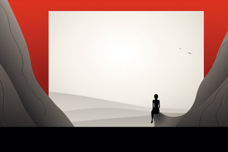 a person standing in front of a red and white frameの素材