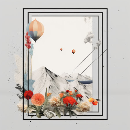 a picture of flowers and balloons in a frame with mountains in the backgroundの素材