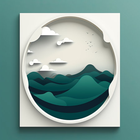 a paper cut of the ocean and mountains in a circular frameの素材