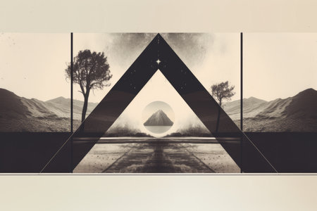 a black and white photo of a triangle with mountains in the backgroundの素材