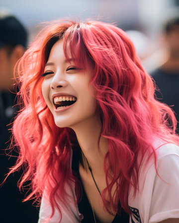 a woman with pink hair laughing and smilingの素材
