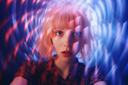 a woman with pink hair in front of a red and blue swirlの素材