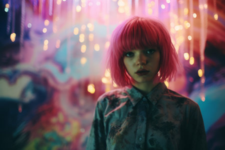 a woman with pink hair standing in front of a colorful backgroundの素材