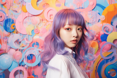 a woman with purple hair standing in front of a colorful wallの素材