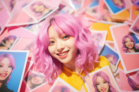 a woman with pink hair smiling in front of a pile of photosの素材