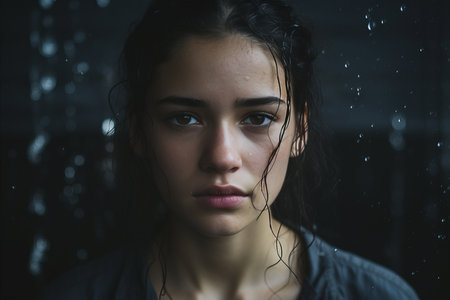 a young woman with wet hair standing in the rainの素材