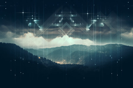 an abstract image of a mountain range with lights and starsの素材