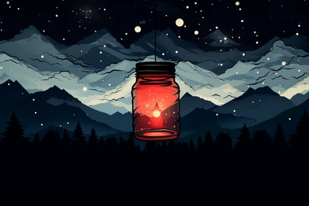 an illustration of a jar with a red light in the middle of the nightの素材