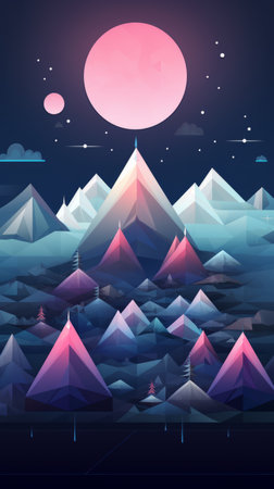 an illustration of a mountain landscape with pink and purple mountains in the backgroundの素材