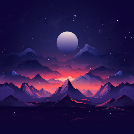 an illustration of a mountain landscape at night with a full moon in the skyの素材