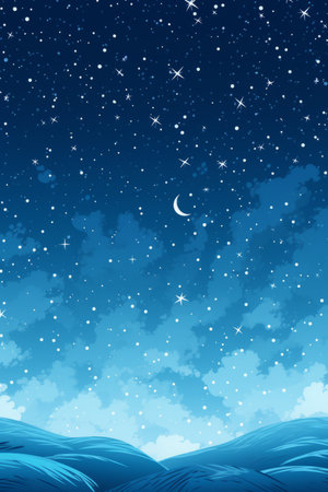 an illustration of a night sky with stars and cloudsの素材