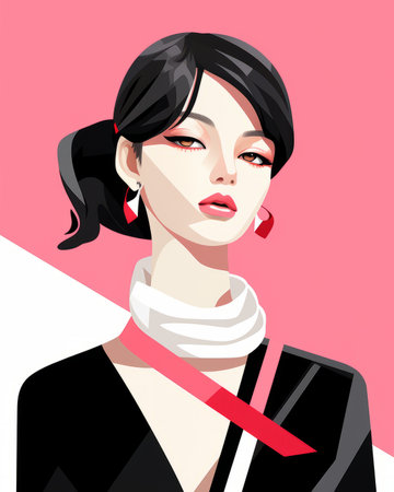 an illustration of a woman with black hair and red earringsの素材